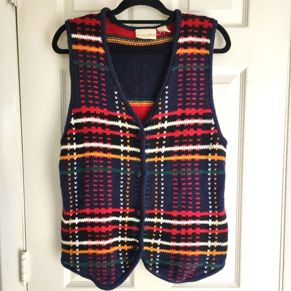 ​VTG Copper Key Plaid Knit Sweater Vest Ramie Cotton Blend Medium 90s Grandpa Co